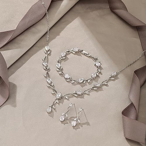 Image of EVER FAITH Cubic Zirconia Pearl Leaf Bridal Jewelry Set for Bride Women