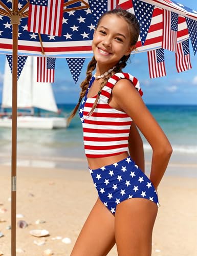 Image of Girls Tankini Swimsuit 2 Piece Bathing Suit Twist Cross Back Cutout Swim Tank Top Floral Print Swimwear for 7-18Y