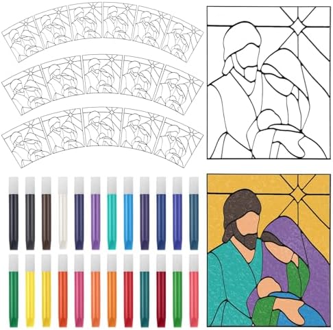 Remerry 16 Pcs DIY Nativity Suncatcher Vbs Faux Stained Glass Faith Based Christian Crafts Window Art Suncatcher Kit for Sunday School Vacation Bible Primary Spring Summer Party Activities