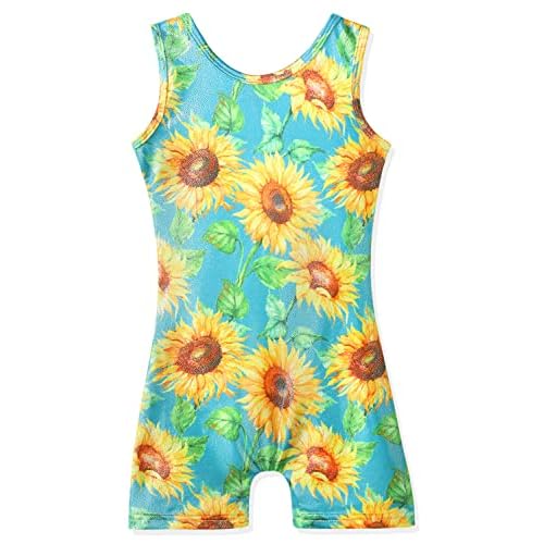 HOZIY Gymnastics Leotards for Girls with Shorts Toddlers Biketards Rainbow Unicorn Dinosaur Mermaid Leopard Flower Galaxy 7-8 Years Sunflower