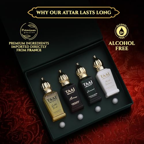 Image of BELLAVITA Taaj Attar | Long Lasting Unisex Gift Set for Man and Woman 4x12ml | Caramel, Lemon, Cinnamon, and Musk | Non-Alcoholic Roll On | Oud, Floral, Musk | Attar for Men and Women