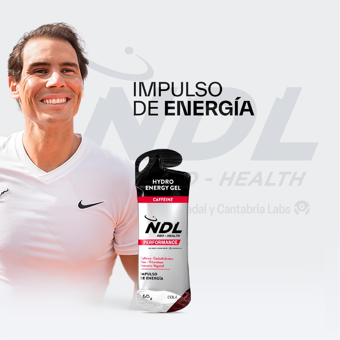 NDL Pro-Health Hydro energy gel | Gel energético para deportistas con carbohidratos y sales minerales | Bajo en azúcar y con cafeína | Aporte energético inmediato | Apertura fácil | COLA | 12x60G