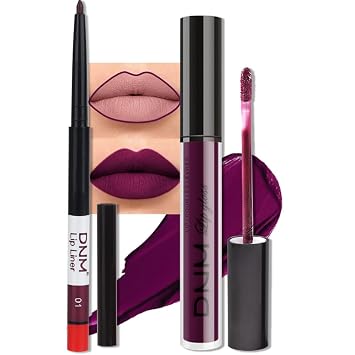 evpct 2Pcs Purple Plum Matte 24-hour Liquid Lipstick and Lip Liner Pencil Makeup Set Women Dark Red Bright Berry Liquid Lipstick Matte Lip Tint 24H and with Lip Liner Set Waterproof Long Lasting 1