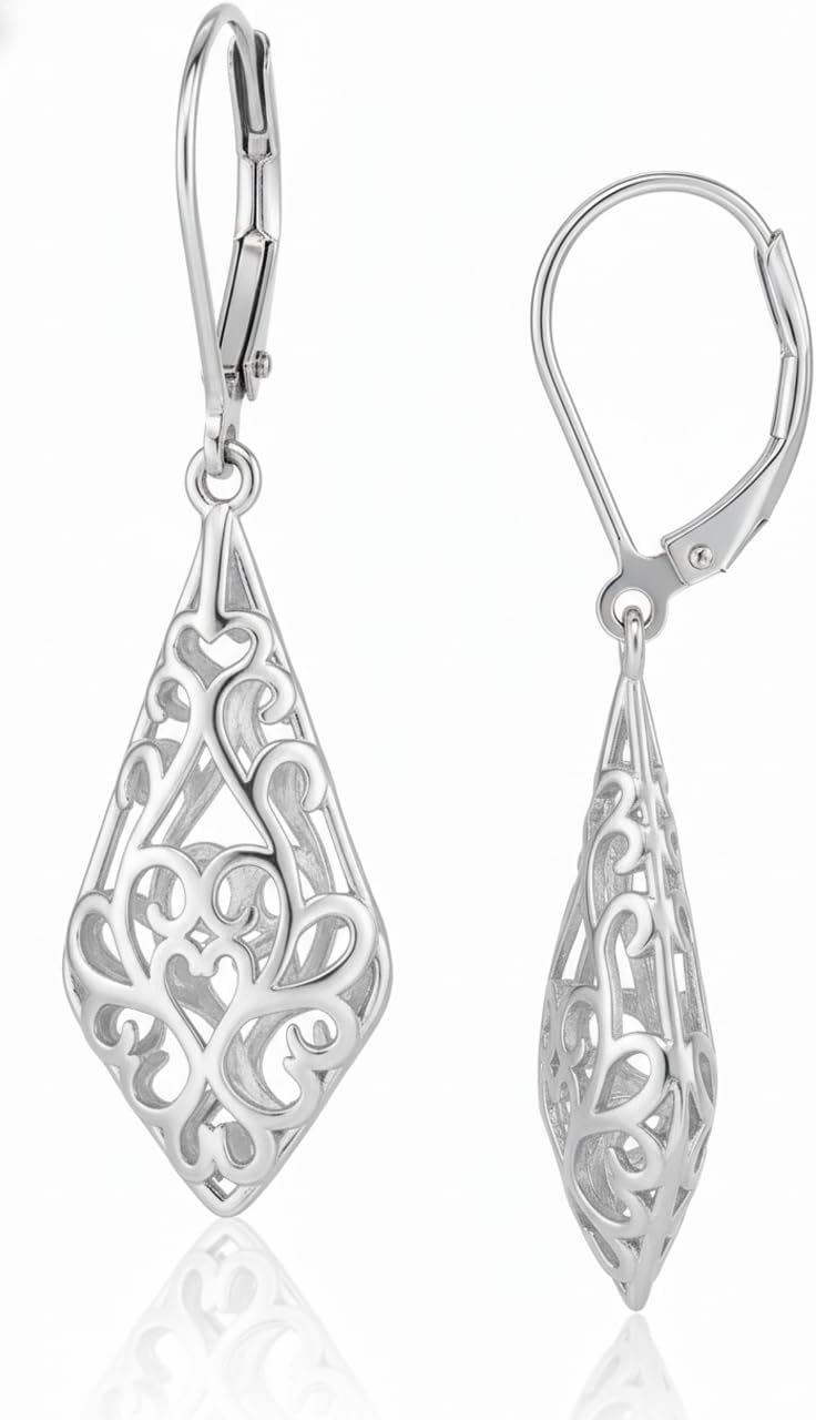 14K Gold/Silver Plated Vintage Filigree Dangle Earrings - Lightweight Geometric Drop Earrings with Secure Leverback, Hypoallergenic Boho Jewelry for Party Wedding Everyday Wear Gifts for Women