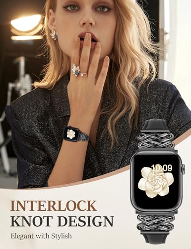 Image of Newlibery Leather Band for Women Slim Dressy Bands Compatible with Apple Watch 38mm 40mm 41mm 42mm 44mm 45mm 49mm, Designer Interlock Buckle Strap for iWatch Series 10 /9 /8 /7 /6 /5 /4 /3 /2 /1 /SE /Ultra