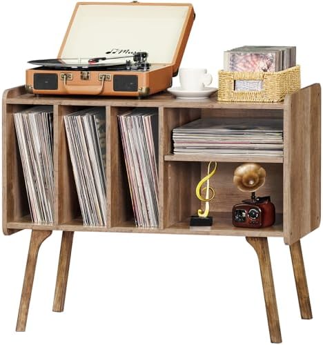 Lerliuo Record Player Stand with 4 Cabinet Holds Up to 220 Albums, Large Turntable Stand with Beech Wood Legs, Mid-Century Record Player Table,Oak Vinyl Holder Storage Shelf for Bedroom Living Room
