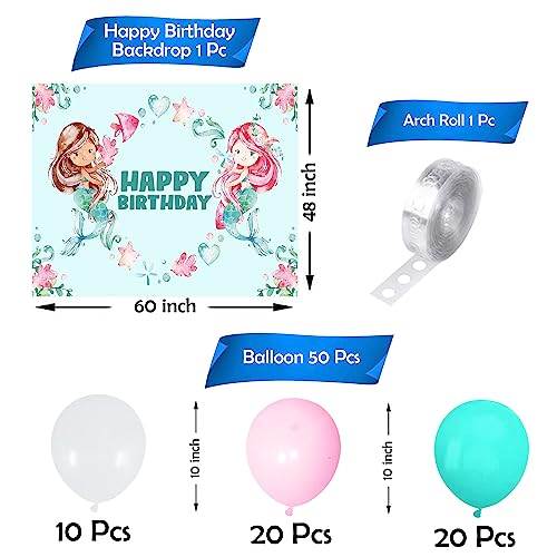 Image of Party Propz Vinyl Mermaid Theme Birthday Decorations - Set of 52Pcs Balloon Decoration Kit With Backdrop, Happy Birthday Items, Multicolor