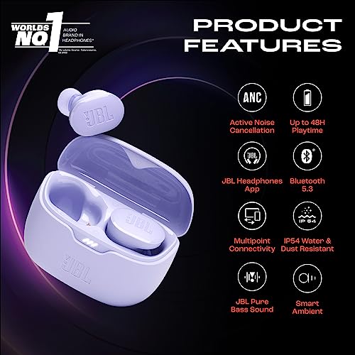 Image of JBL Tune Buds In Ear Wireless TWS Earbuds with Mic, ANC Earbuds, Customized Extra Bass with Headphones App, 48 Hrs Battery, Quick Charge, 4-Mics, IP54, Ambient Aware & Talk-Thru, Bluetooth 5.3(Purple)