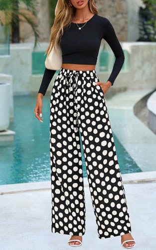 Image of PRETTYGARDEN Womens Pants Elastic Waist Floral Lightweight Palazzo Pants for Women Casual Lounge Wide Leg Pants Woman