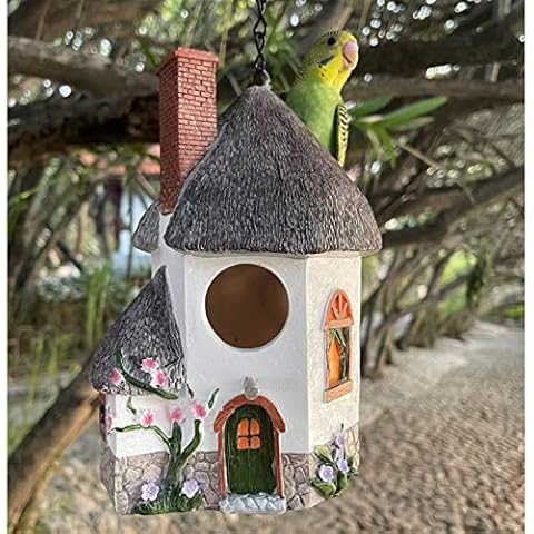Ventilation Waterproof Sunscreen Resin Hanging Bird Houses for Outside Clearance Prime，Birdhouses for Outdoors with Environmental Protection Paint,Attract Bluebird Hummingbird Finches(Chimney Roof) Cover
