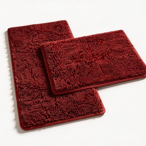 RUN HELIX Bathroom Rugs Sets 2 Piece Luxury Shaggy Extra Thick Bathroom Rugs Plush Non-Slip Mats for Bath Room Floor Machine Wash Ultra Absorbent 32 x 20 + 24 x 16 Inches Burgundy