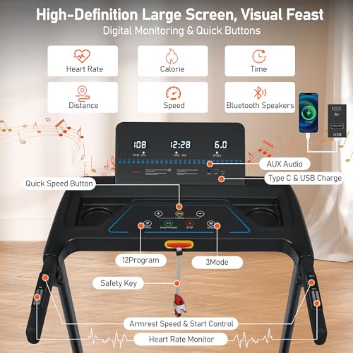 Image of Folding Treadmill with Bluetooth Speakers, LED Display, USB Charging, 0-8% Incline, 3.0HP Motorized Running Machine