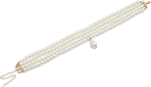 Miniatura 5 de Wiwpar Gargantilla de perlas de imitación redonda, collar vintage con colgante de perlas de múltiples hebras, collar de los años 20 para mujer