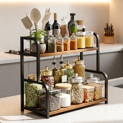 Image of ABJA Kitchen Countertop Organizer Corner Rack (Rustic Brown Arched, 2 Tier)