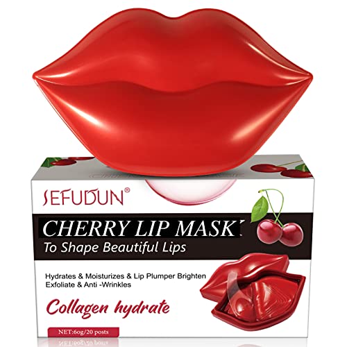 Lip Mask, 20 Pcs Colágeno Mascarilla Labios, Lip Sleeping Mask, Almohadillas Labiales Hidratantes, Mascarilla Labial Para el Cuidado de Los Labios, Adecuado Para Labios Secos y Agrietados (Cereza)