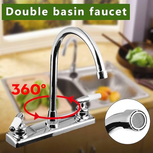 Image of RV Kitchen Faucet,Non-Metallic RV Kitchen Sink Faucet Replacement with Two Handle-8 inch Main Body-High Arch-360 Swivel Replace for Campers Motorhomes Travel Trailers (Style-2-Chrome)