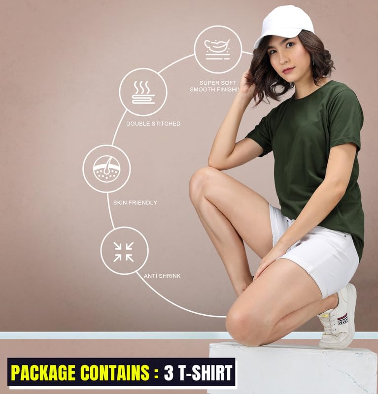 Image of Sleepynuts Women's S to 3XL Premium Half Sleeve Round Neck Plain Combed Cotton Tshirt Pack of 3 Loose Fit T-Shirts Combo