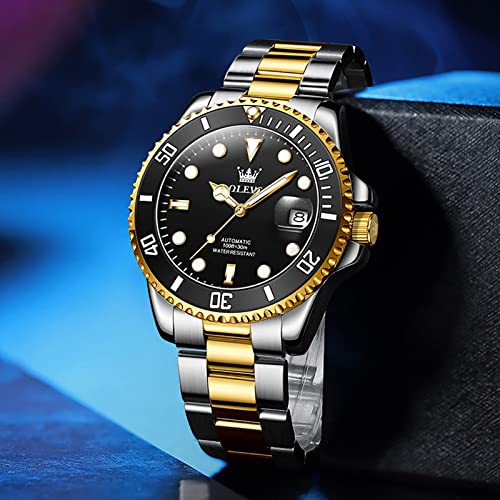 Self Winding Watch For Men Wind Up Waterproof Men's Wrist Watches Fashion Automatic Watches For Men Black Dress Men's Watches Two Tone Stainless Steel Watch Luxurious Classic Olevs Watch Men No Battery #TOP1