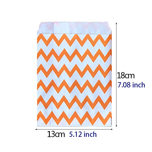 Party Favor Bag 5 7 inch, 100 pcs Food Safe Kraft Paper and Ink, Natural (Biodegradable), Vivid Colored Candy Cookie Buffet Paper Bags, Flat Paper Bag with 96 pcs 1.5 inch Stickers.(Orange Combo)