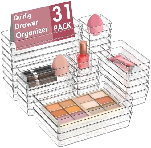 31 Pieces Clear Plastic Drawer Organizers, 4 Sizes Desktop Drawer...