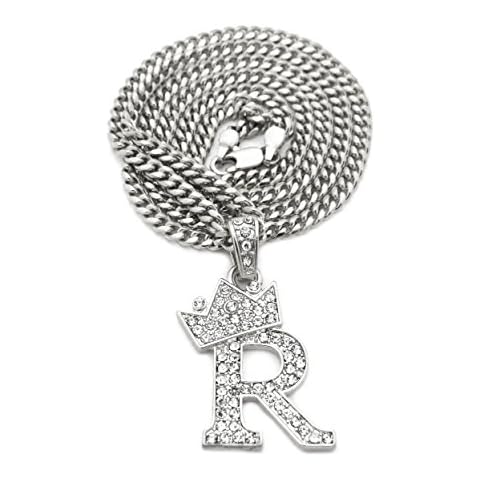 Fashion 21 Unisex Small Pave Crowned Initial Alphabet Letter Pendant 3mm 24 inches Cuban Chain Necklace in Gold Silver Tone, Alloy Metal Cover