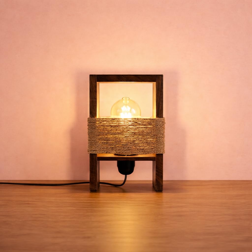 Ayra Wooden Rope Design Table Lamp Modern Decorative Bedside Desk Lamp for Home Bedroom Living Room 8.75 x 4.25 x 4.25 Inches Rustic Wood Table Lamp Warm Light-image-46