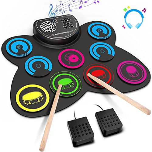 9-Pads Electronic Drum Set with Headphone Jack Speaker Drumsticks & Pedals, Holiday Gifts for Kids