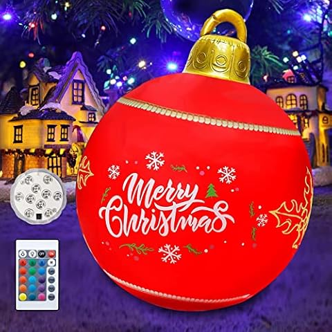 Light Up PVC Inflatable Christmas Ball,24 Inch Large Outdoor Decorated Ball Outdoor Christmas Decorations,New Years Christmas Ornaments with Light,Remote for Yard & Pool Decorations (Red) (Red) (red) Cover