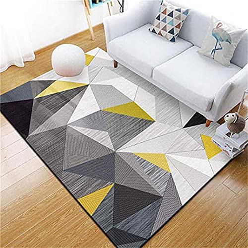 Tapis chambre moquette poils ras géométrique triangulaire gris jaune salon 160x230cm