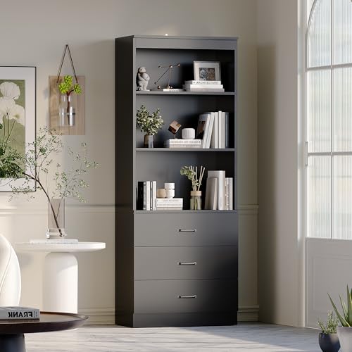 Image of 70 inch H Black Bookshelf with Drawers, Tall Bookcase with 3-Tier Open Shelves, Bookshelf and Bookcase with Storage Cabinet for Home Office,Living Room(Black,6-Tier)