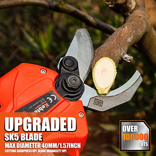 Kebtek Professional Electrci Pruning Shears 40MM, Electric Pruner Branch Cutter 25V Cordless Heavy Duty with 2 Pack 2Ah Rechargeable Batteries Brushless Motor- Upgraded Blade Version