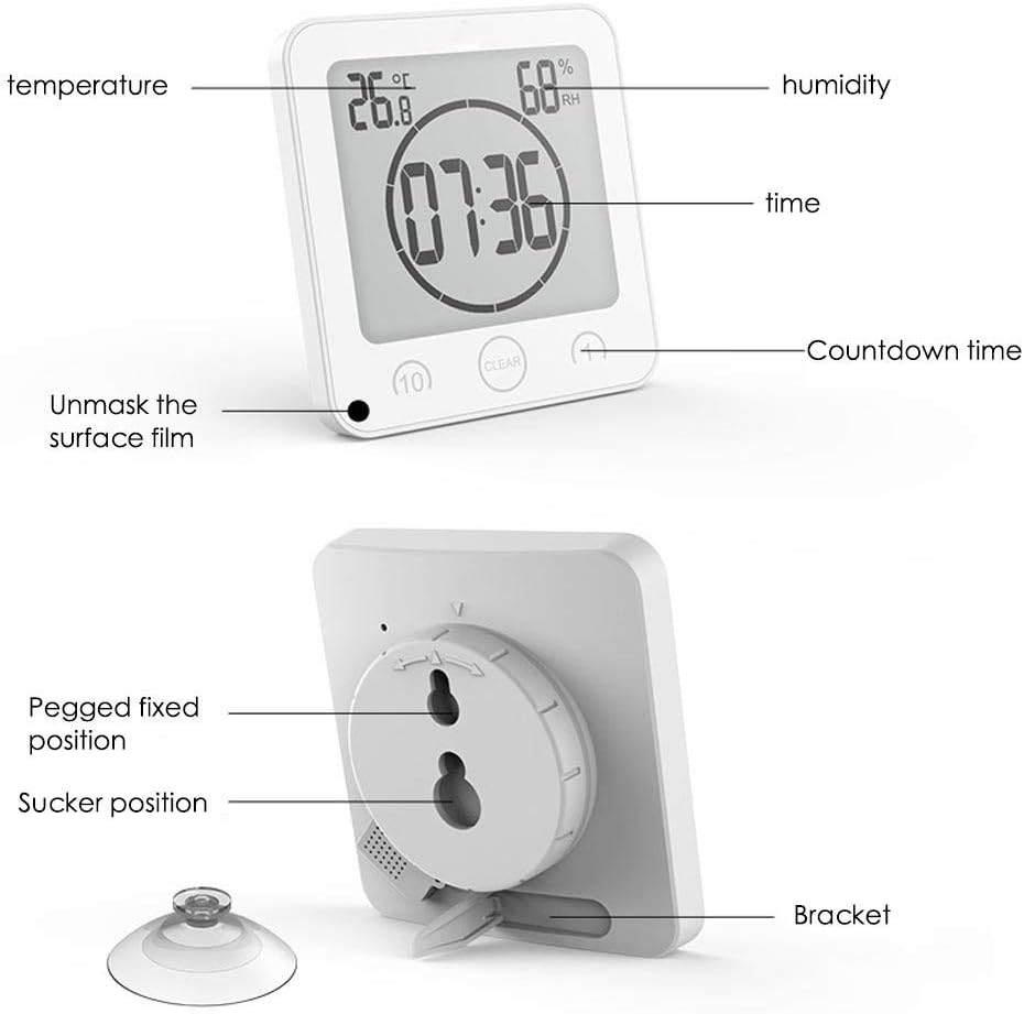Digital Bathroom Shower Wall Clock Timer with Alarm with Big LCD Display, Waterproof for Water Spray, Humidity Temperature Display, Wall Clock Timer for Bathroom Shower Makeup Cooking