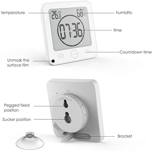 Vista 19 de Reloj de pared digital para baño con alarma con pantalla LCD grande, resistente al agua para rociar agua, pantalla de temperatura de humedad, Rojo