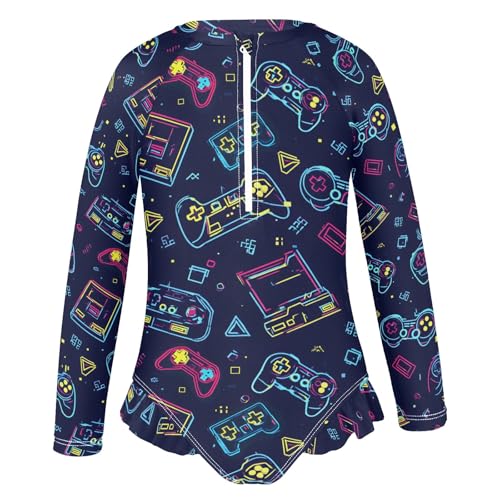 ALAZA Toddler Swimsuit Girl Bathing Suit Swimwear Rash Guard Game Controller Neon Long Sleeve 3T2