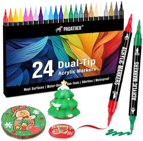 24 Colors Acrylic Paint Markers, Dual Tip with Fine Tip and Brush...