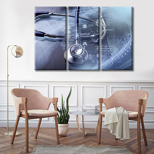 Image of Modern Medicine Cardiology Concept Paintings Wall Art 3 Panels Stethoscope and Medical Paintings for Wall Decorations Wall Prints Giclee Print Gallery Packaging Artwork Ready to Hang (42 inchWx28 inchH)