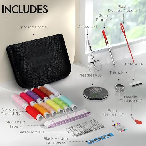 Image of 72 Pieces Sewing Kit Box with Needles, Threads, Scissors, Buttons & Tape | Needle Threader Included, Travel Friendly, Tailoring Accessories, for Home Use, Stitching Items Set