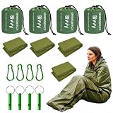 4 Piezas Saco de Dormir Emergencia, Manta Termica Supervivencia, Vivac con Mosquetón y Silbato de Señalización, Manta Camping para Camping Excursionismo y Trekking, Verde