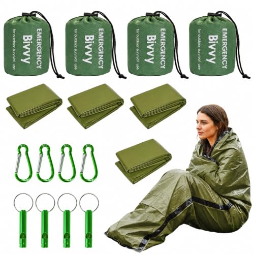 4 Piezas Saco de Dormir Emergencia, Manta Termica Supervivencia, Vivac con Mosquetón y Silbato de Señalización, Manta Camping para Camping Excursionismo y Trekking, Verde