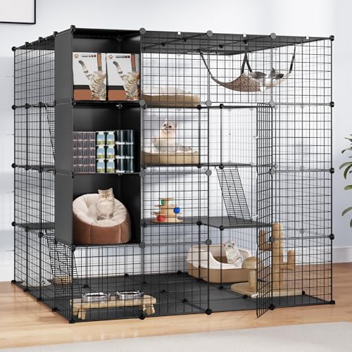 Image of DWVO 4 Tiers Large Cat Enclosure with DIY Storage Cube, Large Cat Cage, Indoor Catio Playpen with Hammock