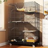 Athvcht 猫ケージ 猫用ケー ジ 猫ハウス [4段｜76.5X50X115cm ｜ブラック] 室内用 大型猫用 多頭飼い猫 移動便利 組立簡単 防錆と防食 室内飼い猫脱走防止扉キャット 取り外し可能なペット用品 猫＆小動物用 省スペース設計 屋内＋屋外