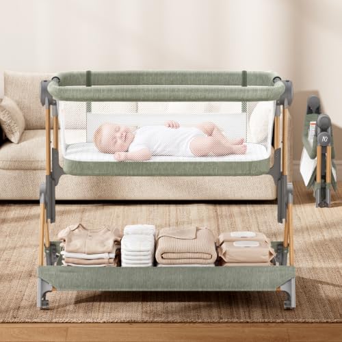 Image of ANGELBLISS Baby Bassinet, 3-in-1 Bedside Sleeper, One-Click Foldable Crib (Green)