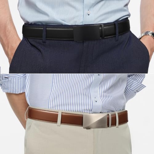 Image of Founders & C Mens Belt 2 Pack,Leather Ratchet Click Belt Dress with Slide Buckle 1 3 /8 inch in Gift Set Box- Size Adjustable