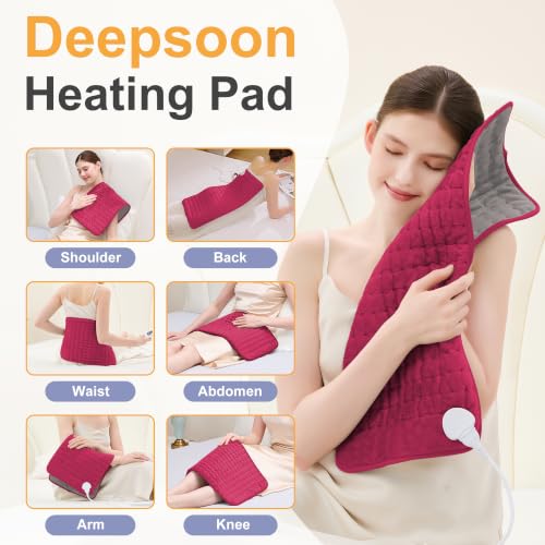 Image of Heating Pad,Electric Heating Pads,Heating Pad for Back,Burgundy,24x12 Inch | Heating Pads for Shoulder,Neck,Abdomen,Knee,Arms,Legs,Heat Pad for Birthday Father Mother Gift Women Men,6 Heat Settings