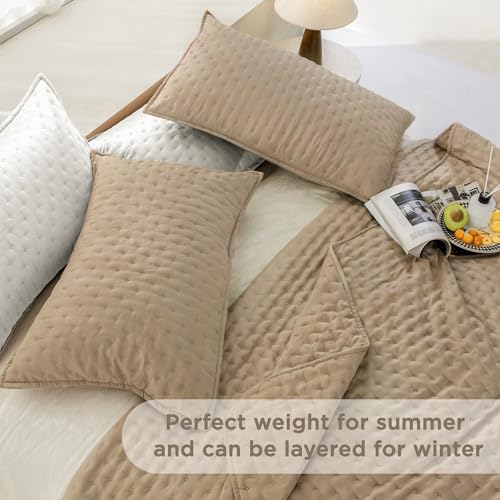 Image of Andency Beige Queen Size Quilt Bedding Set (90x96 Inch), 3 Pieces Soft Lightweight Bedspread Coverlet, Boho Summer Quilt Queen Size for All Season