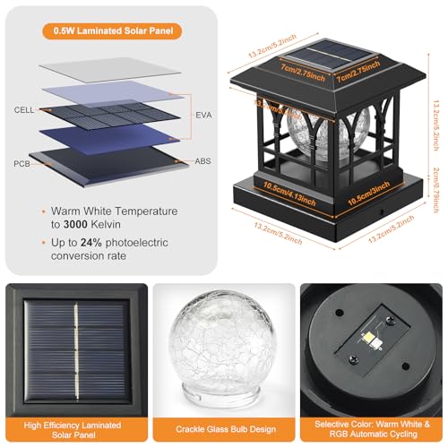 AEYANZZ Fence Post Solar Lights, Crackle Glass Solar Post Cap Lights, 20 Lumens, Warm White & RGB Automatic Cycling 2 Modes for 3.6x3.6 4x4 4.5x4.5 5x5 Vinyl Wooden Posts Decoration, Black (2 Pack) by AEYANZZ - Image 7