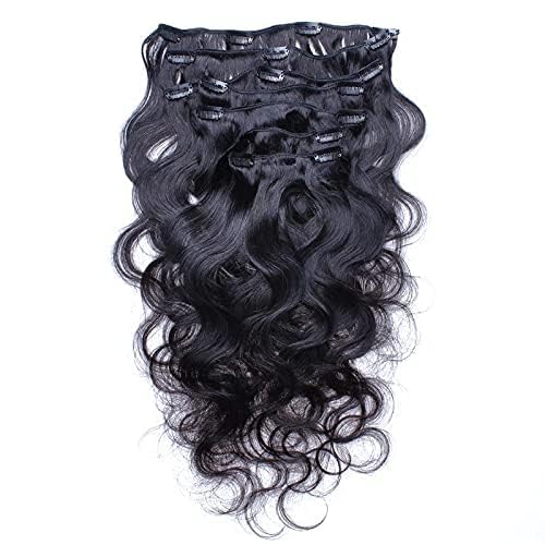 Body Wave Clip in Human Hair Extension Brazilian Remy Clip on Hair Extension Natural Black 10-30inch Long Wavy Full Head 100-150g (14inch 100grams, #2(Darkest Brown))