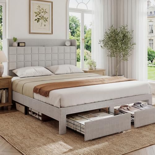 Image of Queen Size Storage Bed Frame, Square Tufted Headboard, Platform Bed with 2 Underbed Drawers at Foot, Wooden Slats Support, No Box Spring Needed, Light Gray