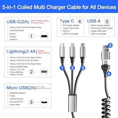 Image of Coiled Multi Charging Cable 4FT [MFi Certified] 5 in 1 Coiled Charging Cable for Car Coiled Universal Charging Cable USB A /USB C to Lightning(Data, Carplay, 2.4A), Type-C(Charge), Micro USB(Charge)