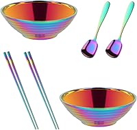 Vista 8 de Juego de tazones de sopa de fideos japoneses para ramen, 2 juegos (7.09 pulgadas), naranja y rojo, doble capa de acero inoxidable 18/8 con palillos